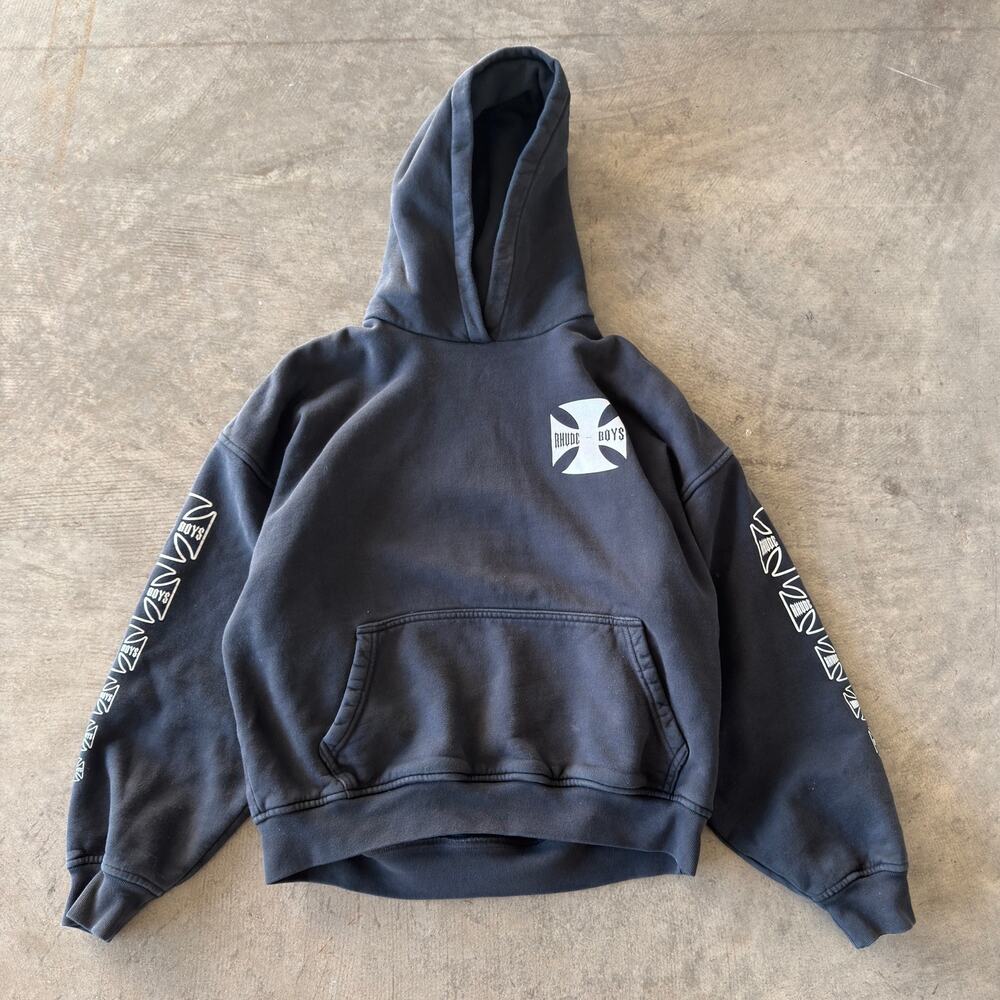 Rhude Boys Iron Cross Hoodie Malibu California Washed Black Sleeve Print Medium